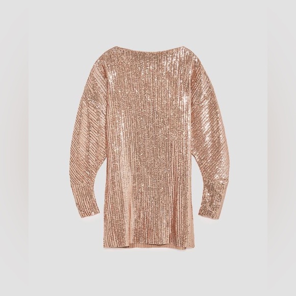 Zara Rose Gold Sequin Long Sleeve Dress - Picture 2 of 5